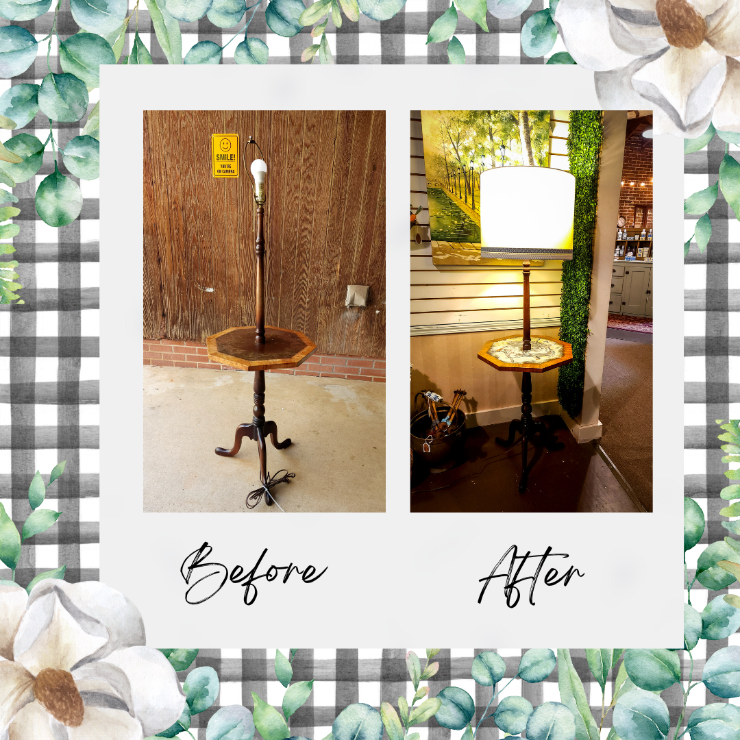 Before and after image of a vintage lamp side table